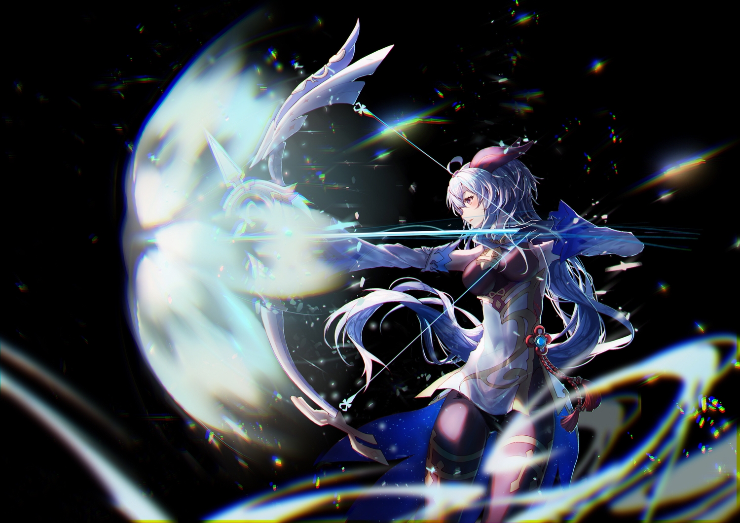 blue_hair, bow_(weapon), ganyu_(genshin_impact), genshin_impact, gloves, horns, long_hair, re:rin