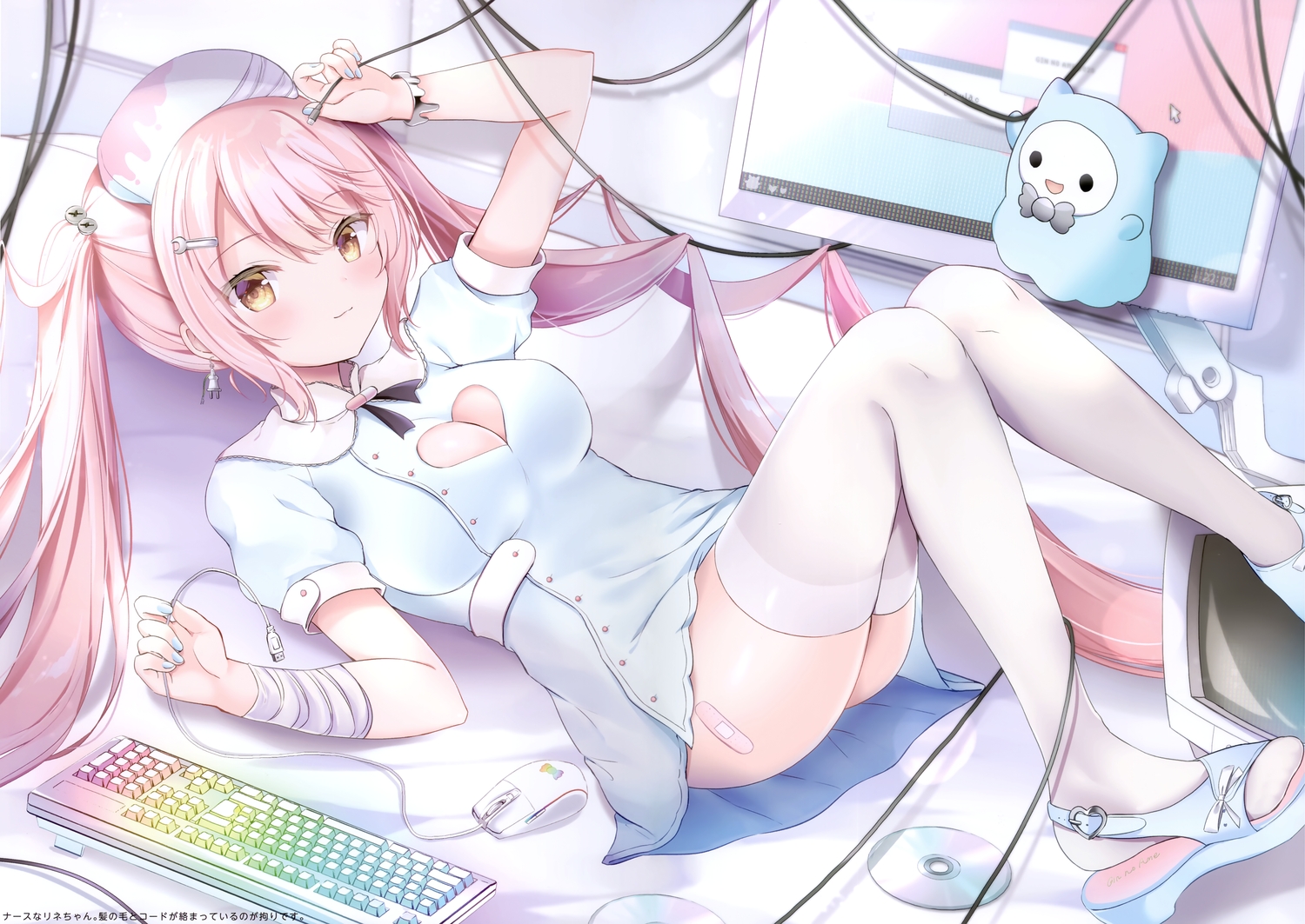 bandage, bandaid, breasts, cleavage, computer, dress, headdress, long_hair, masayo_(gin_no_ame), nurse, orange_eyes, original, pink_hair, scan, thighhighs, twintails, wristwear