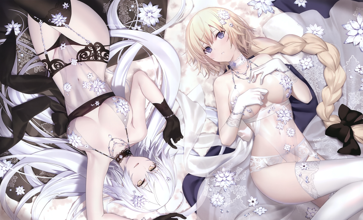 2girls, blonde_hair, breasts, cropped, fate/grand_order, fate_(series), flowers, gloves