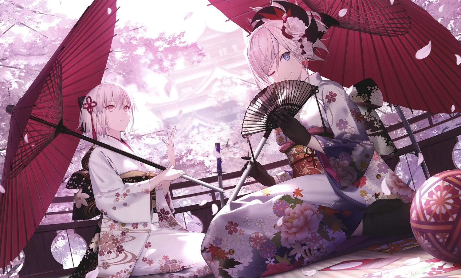 2girls, blonde_hair, blue_eyes, cropped, fate/grand_order, fate_(series), gloves, japanese_clothes, kimono, mashima_saki_(mashimasa), miyamoto_musashi_(fate/grand_order), okita_souji_(fate), pink_hair, scan, short_hair, umbrella, yellow_eyes