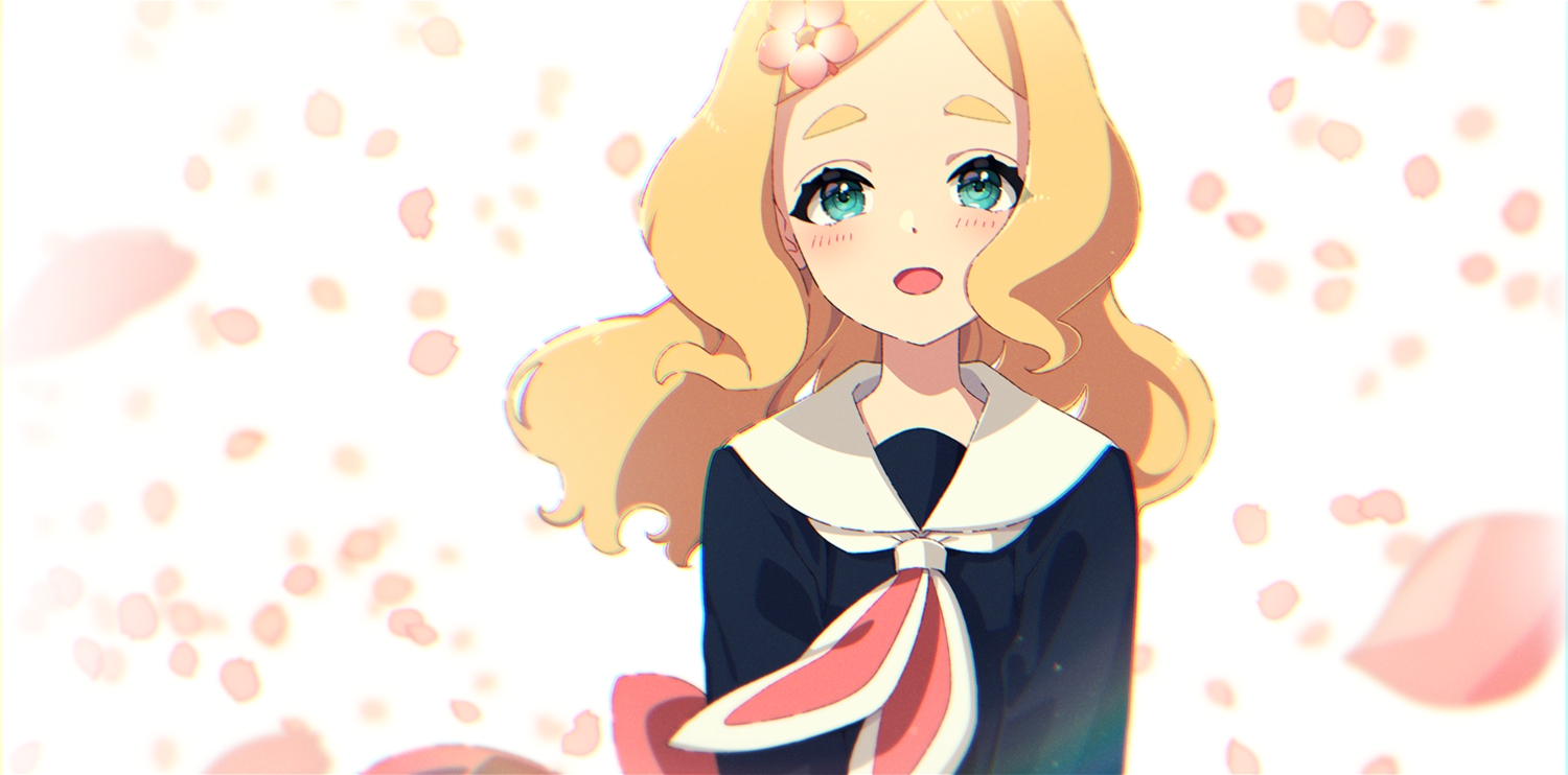 blonde_hair, blush, close, green_eyes, harohapi!_shinonome_megu-chan_no_oheya, long_hair, mamyouda, petals, school_uniform, shinonome_megu