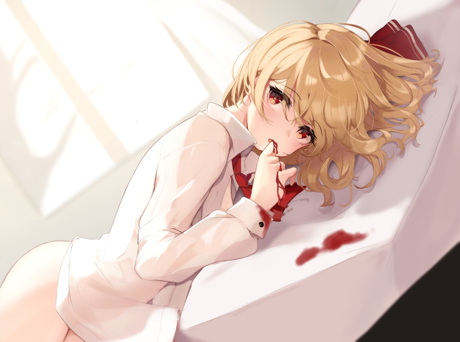 bed, blonde_hair, blood, homo_1121, naked_shirt, red_eyes, rumia, shirt