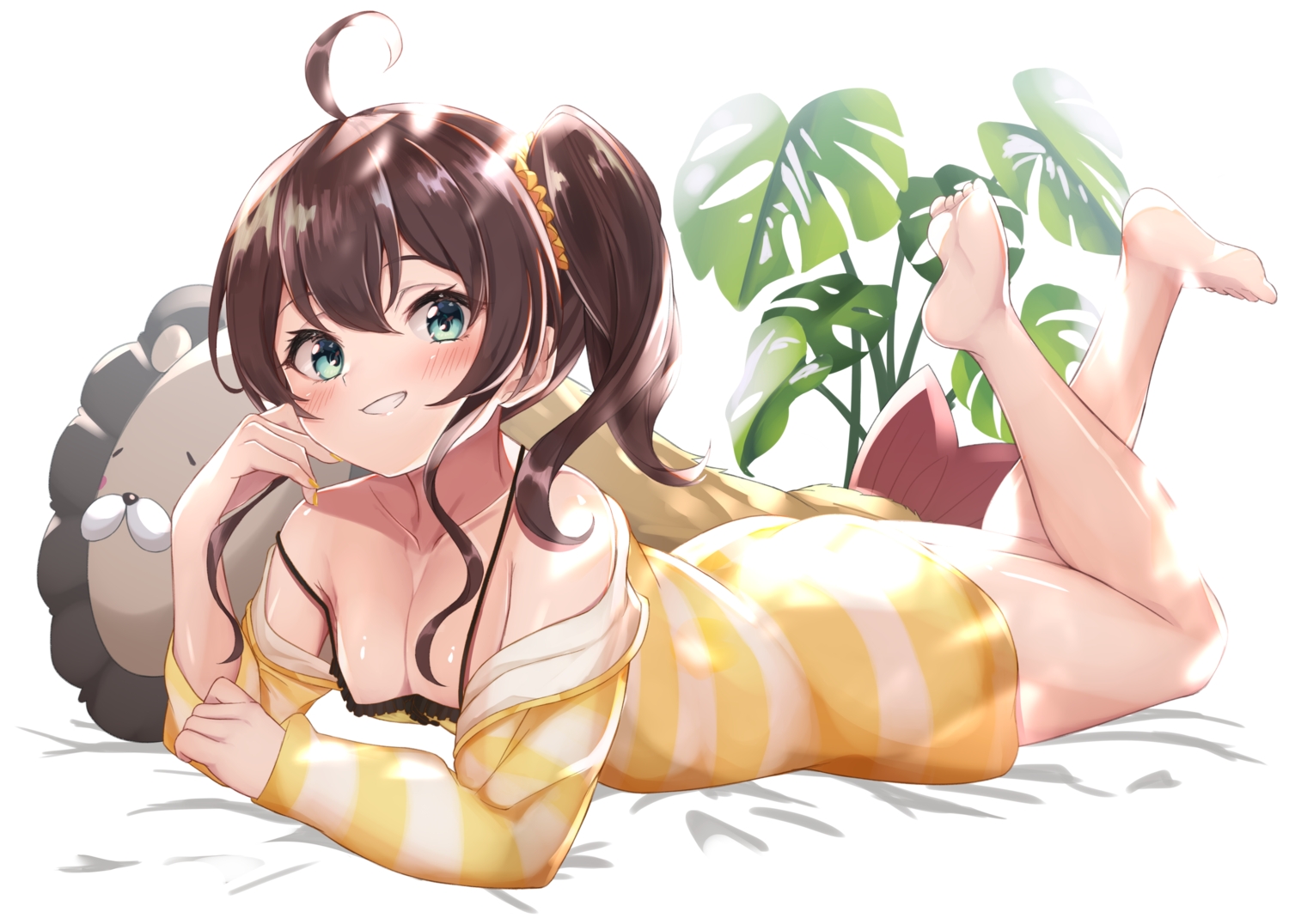 aqua_eyes, barefoot, blush, breasts, brown_hair, cleavage, higashigure, hololive, hood, long_hair, natsuiro_matsuri, ponytail