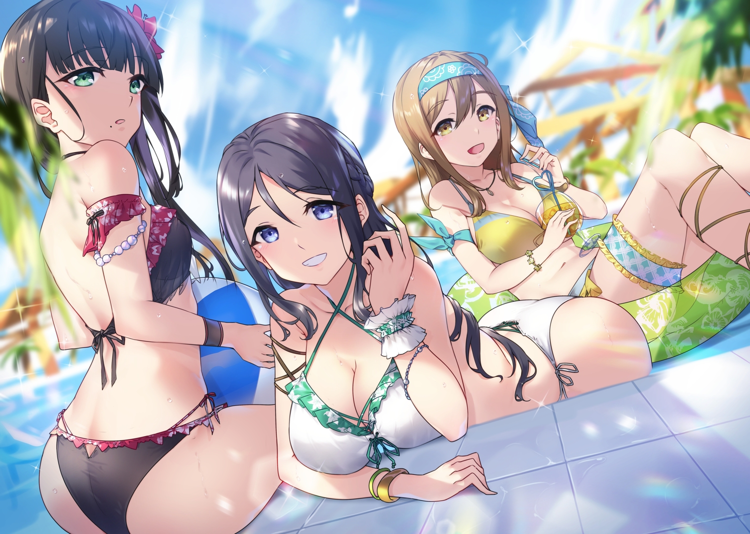 ass, ball, bikini, black_hair, blue_eyes, breasts, brown_hair, cleavage