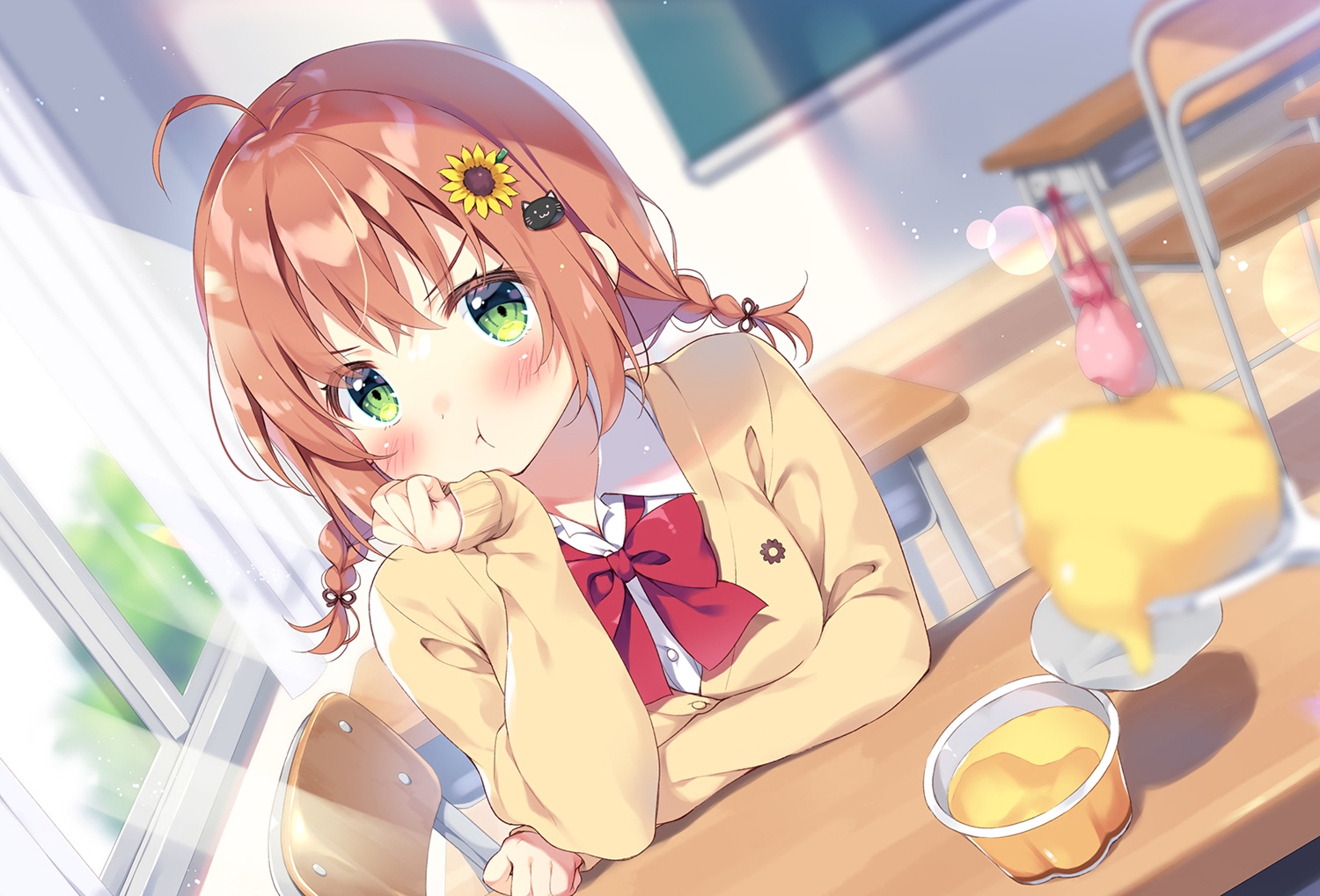 blush, bow, braids, brown_hair, food, green_eyes, honma_himawari, long_hair, nijisanji, pan_(mimi), school_uniform, twintails, waifu2x