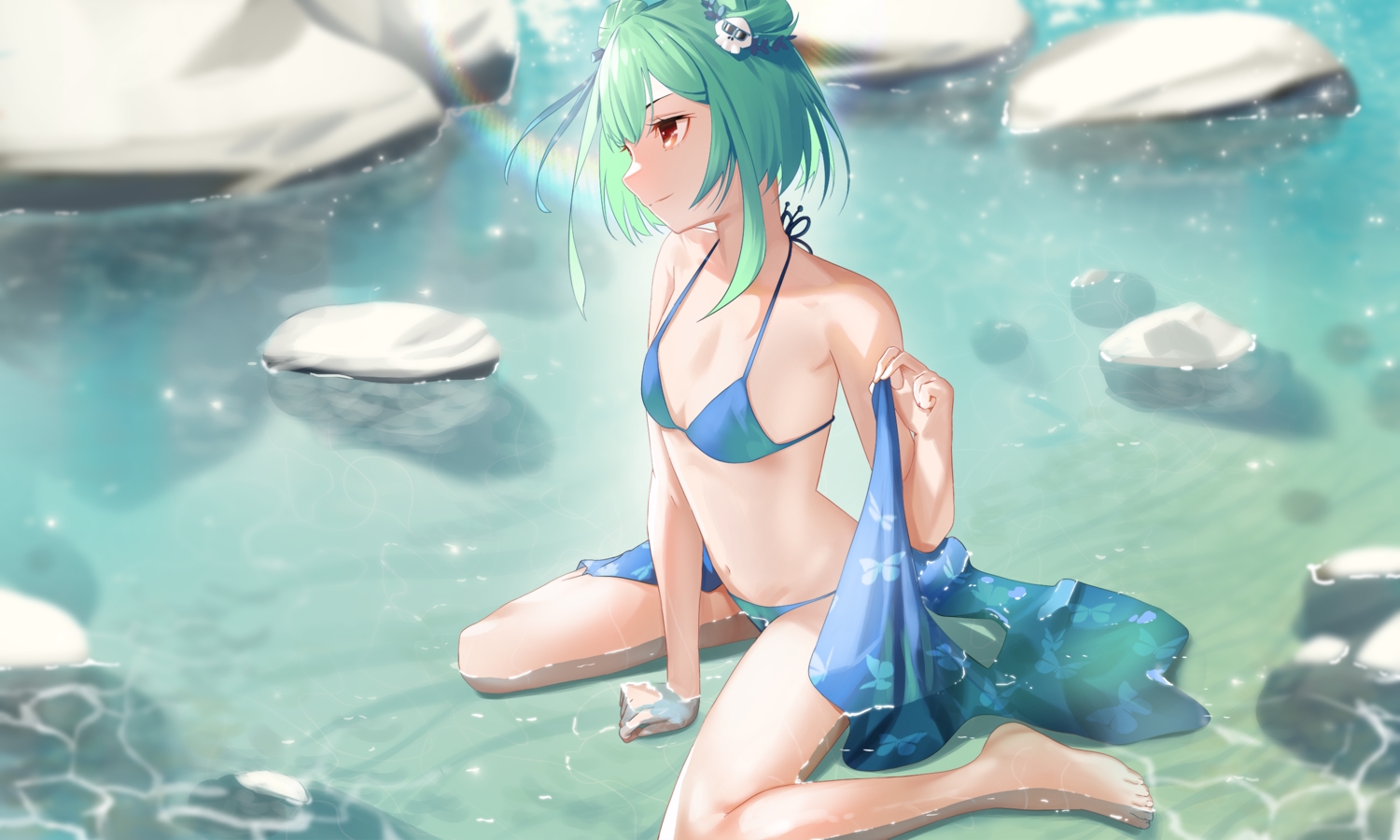 barefoot, bikini, brown_eyes, green_hair, hololive, kuroi_enpitsu, short_hair, swimsuit, uruha_rushia, water