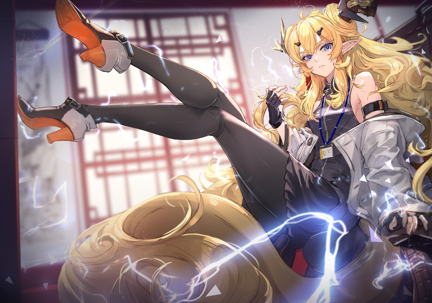 arknights, blonde_hair, blue_eyes, gloves, horns, leizi_(arknights), long_hair, pantyhose, pointed_ears, ryuuzaki_ichi, tail