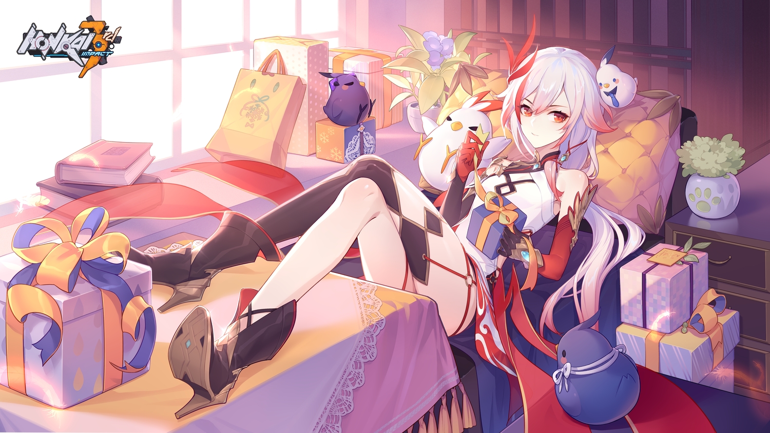 animal, bird, book, boots, elbow_gloves, fu_hua, gloves, honkai_impact, honkai_(series), kickylian, logo, long_hair, ponytail, red_eyes, white_hair