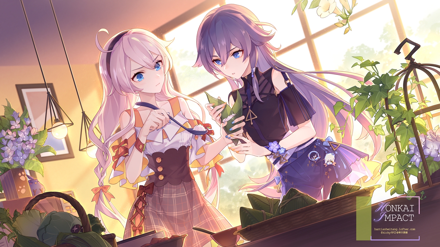 2girls, blue_eyes, flowers, food, fu_hua, gray_hair, honkai_impact, honkai_(series), kiana_kaslana, kickylian, long_hair, purple_hair, twintails, waifu2x, watermark