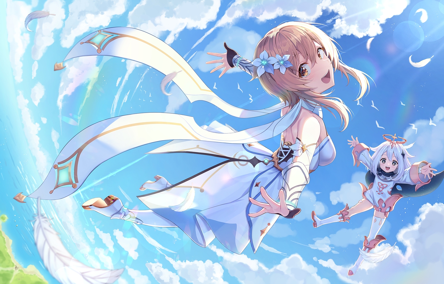 2girls, brown_eyes, brown_hair, clouds, dress, feathers, genshin_impact, loli, lumine_(genshin_impact), paimon_(genshin_impact), pine_(angel4195202), sky, thighhighs, white_hair