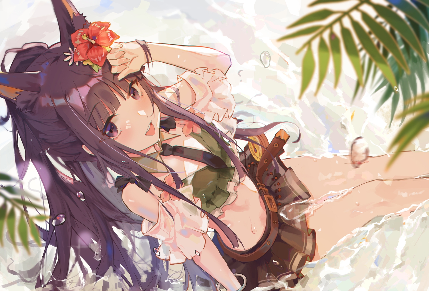 animal_ears, blush, doggirl, fang_qiao, kirihara_kasumi, long_hair, ponytail, princess_connect!, purple_eyes, purple_hair, skirt, water