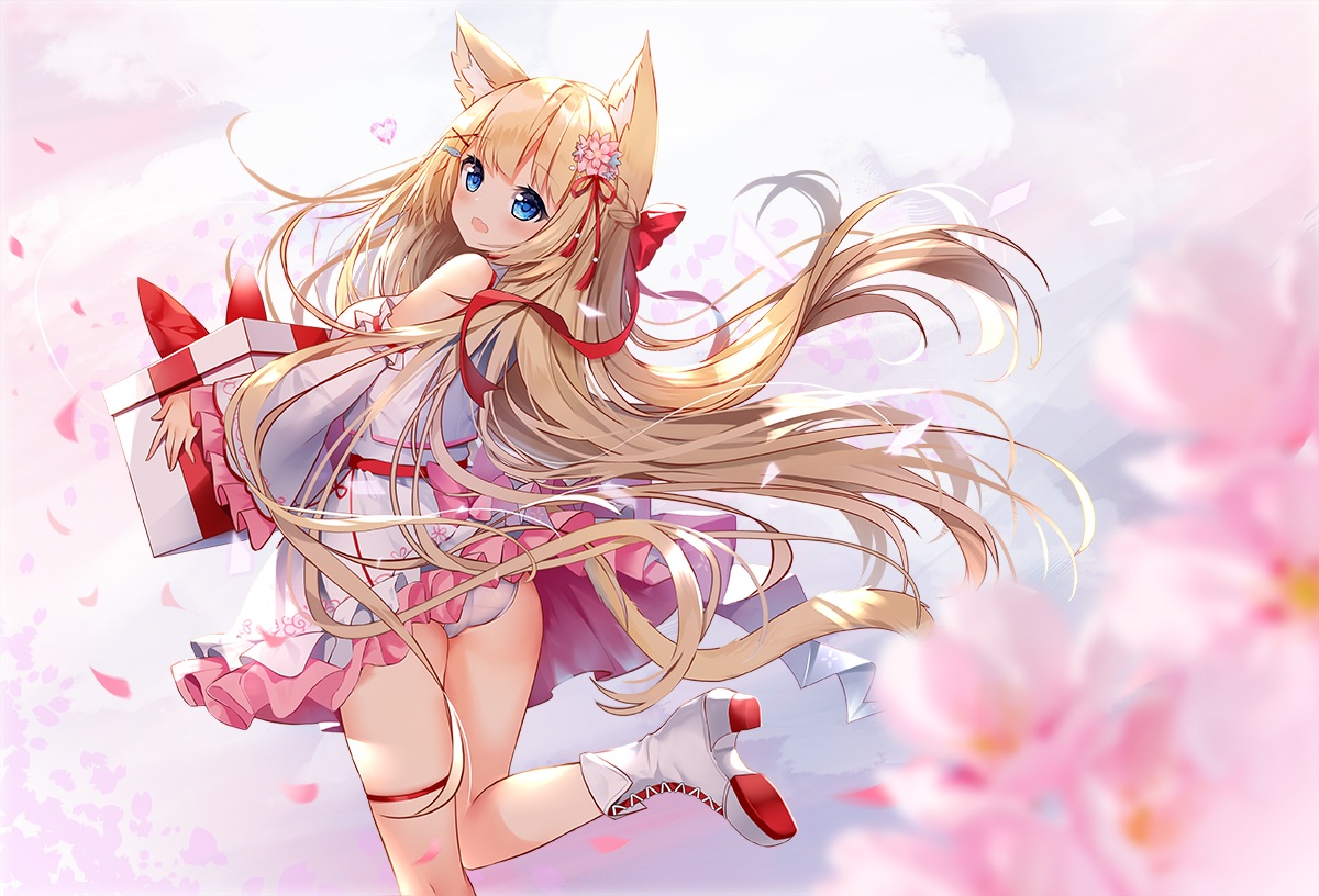 animal_ears, ass, blonde_hair, blue_eyes, blush, boots, bow, catgirl