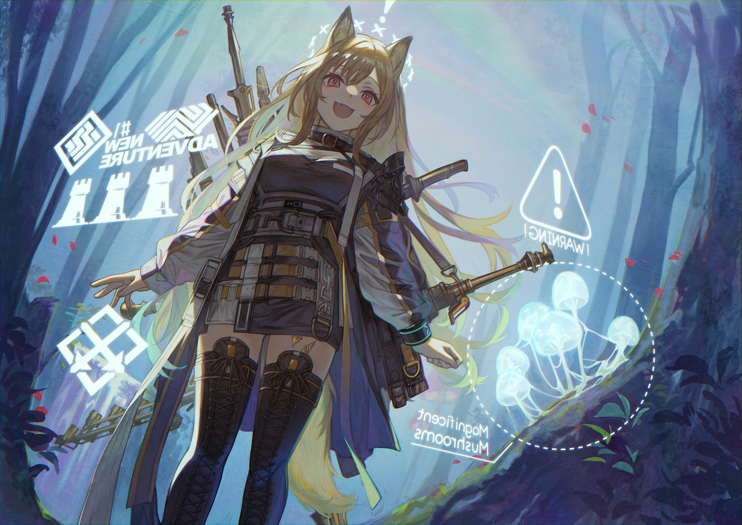 animal_ears, arknights, blonde_hair, boots, ceobe_(arknights), doggirl, fang, forest, ji_mag, long_hair, red_eyes, tail, tree