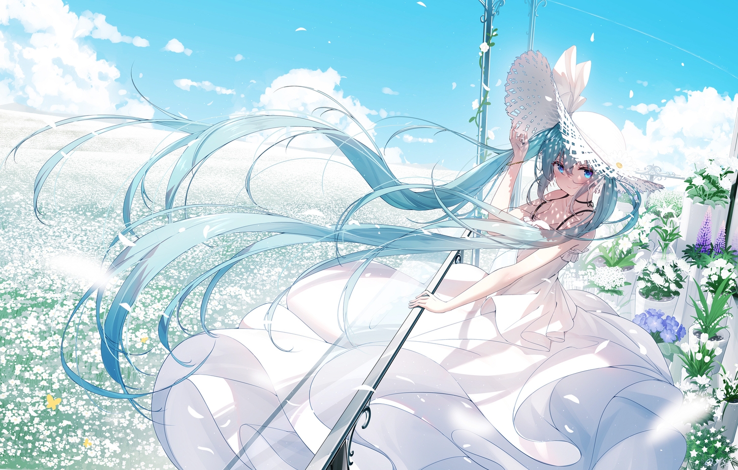 aqua_eyes, aqua_hair, clouds, dress, flowers, hat, hatsune_miku, long_hair