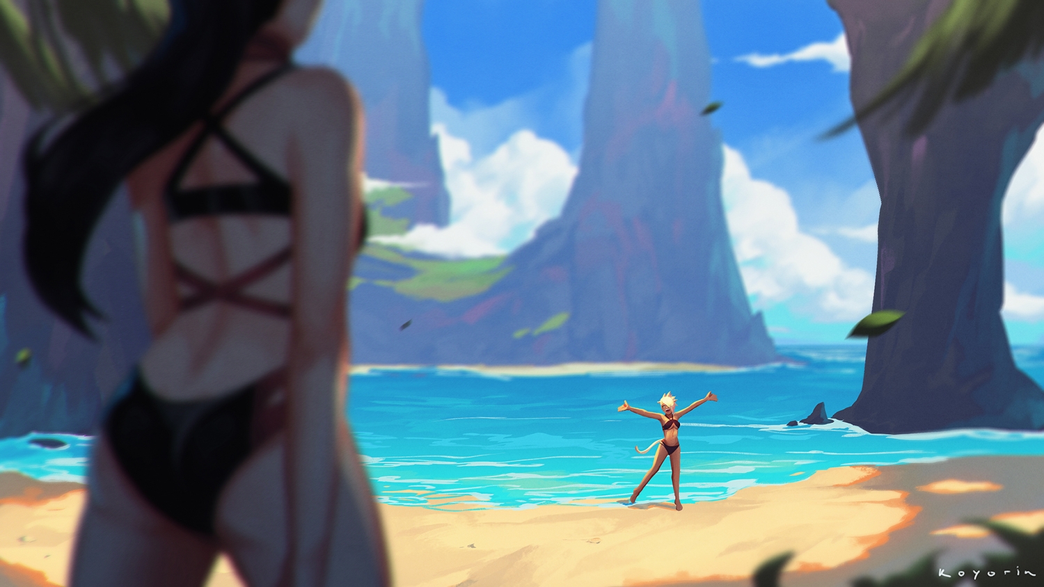 2girls, ass, beach, bikini, black_hair, blonde_hair, breasts, dark_skin