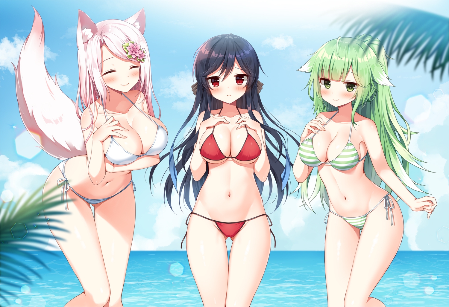 animal_ears, bikini, black_hair, blush, boku_no_kanojo_wa_ningyohime!?, breast_hold, breasts, cleavage, clouds, foxgirl, green_eyes, green_hair, koma_ion, long_hair, mauve, navel, pink_hair, ponytail, red_eyes, sky, swimsuit, tagme_(character), tail, talesshop, water