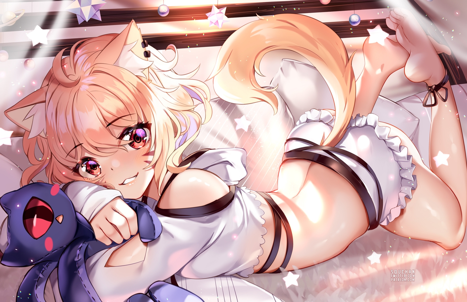 animal_ears, ass, barefoot, blonde_hair, catgirl, indie_virtual_youtuber, red_eyes, short_hair
