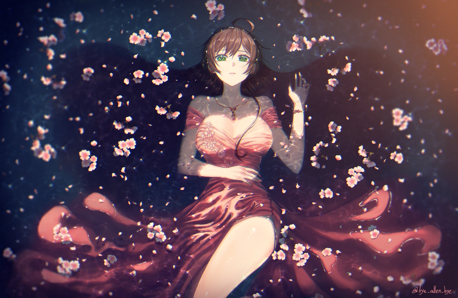 breasts, brown_hair, bye_allen_bye, cleavage, dress, flowers, green_eyes, idolmaster, idolmaster_million_live!, long_hair, necklace, petals, sakuramori_kaori, signed, water