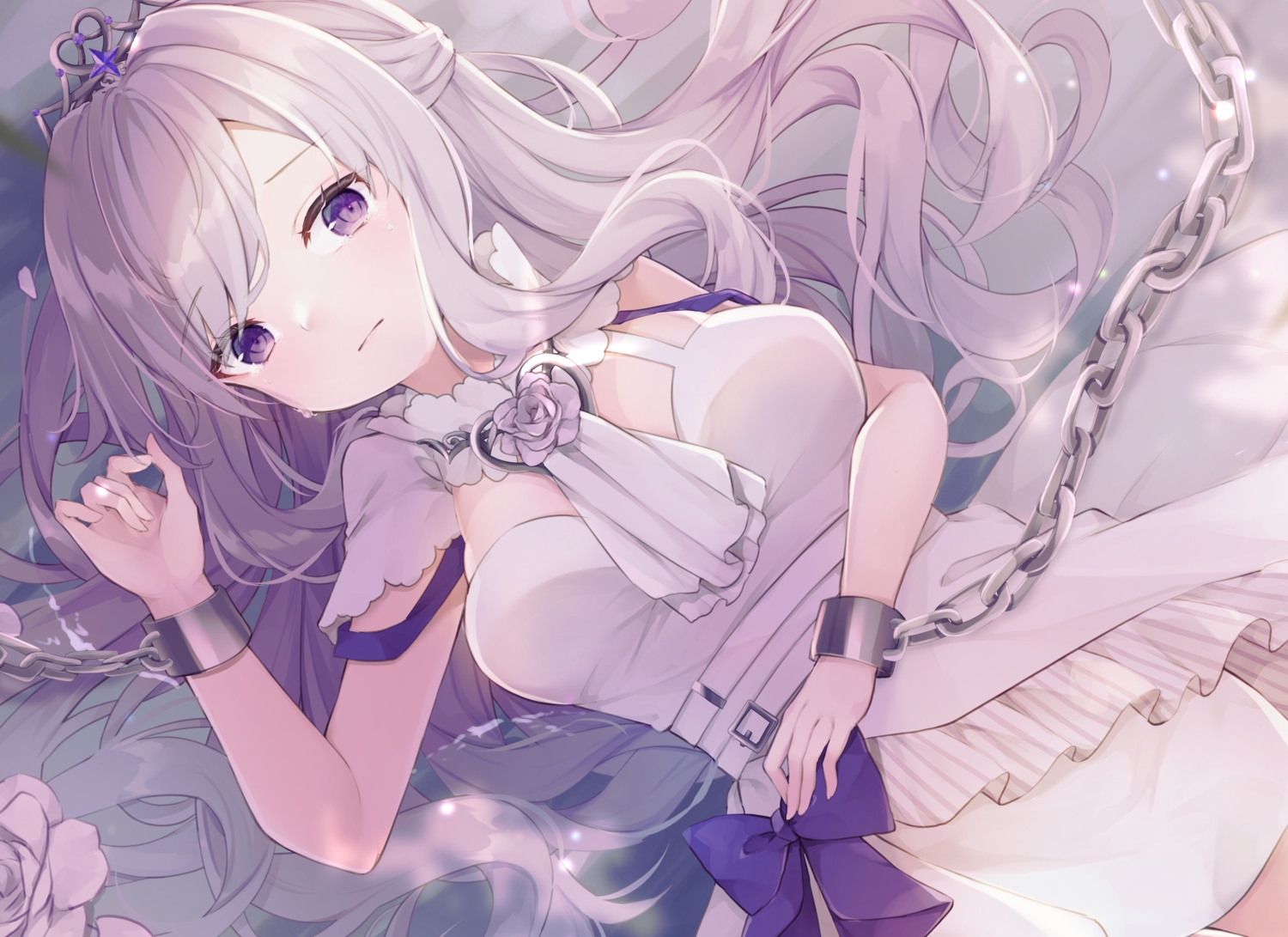 bondage, chain, flowers, long_hair, original, purple_eyes, rose, shackles, tiara, yua_(bokubo0806)