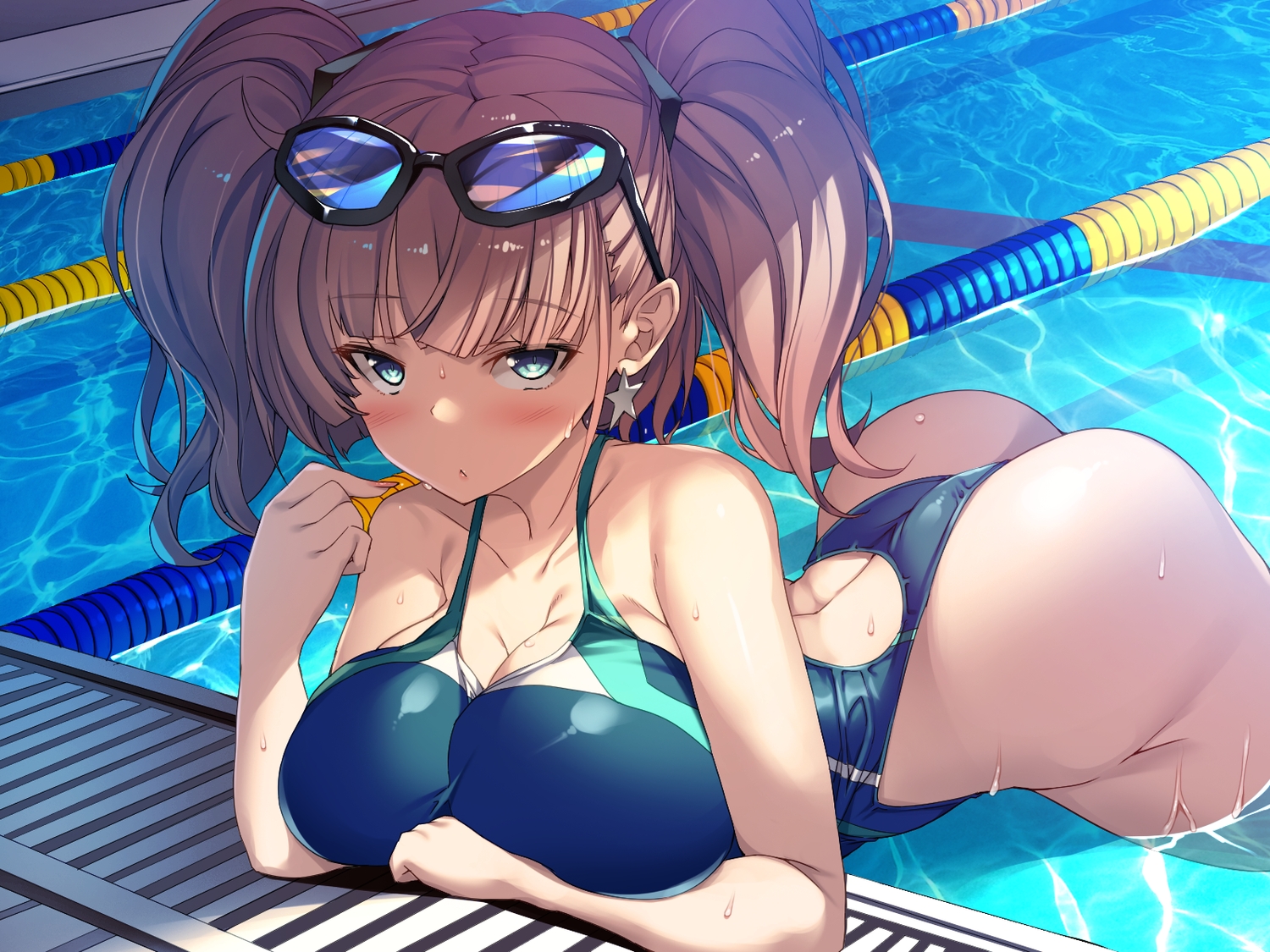 anthropomorphism, aqua_eyes, ass, atlanta_(kancolle), breast_hold, brown_hair, kantai_collection, long_hair, pool, sunglasses, swimsuit, torisan, twintails, water, wet