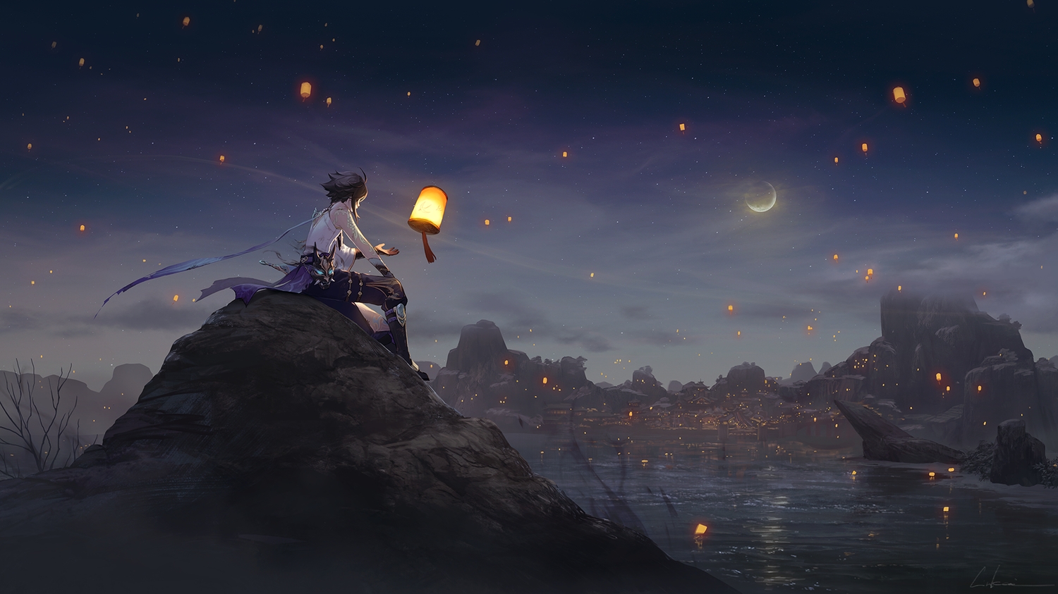 all_male, black_hair, cinkai, clouds, genshin_impact, male, moon, night
