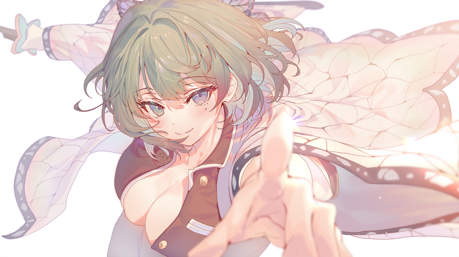 blush, breasts, cleavage, close, cosplay, crossover, green_eyes, green_hair, idolmaster, idolmaster_cinderella_girls, katana, kimetsu_no_yaiba, short_hair, sword, takagaki_kaede, torano, weapon