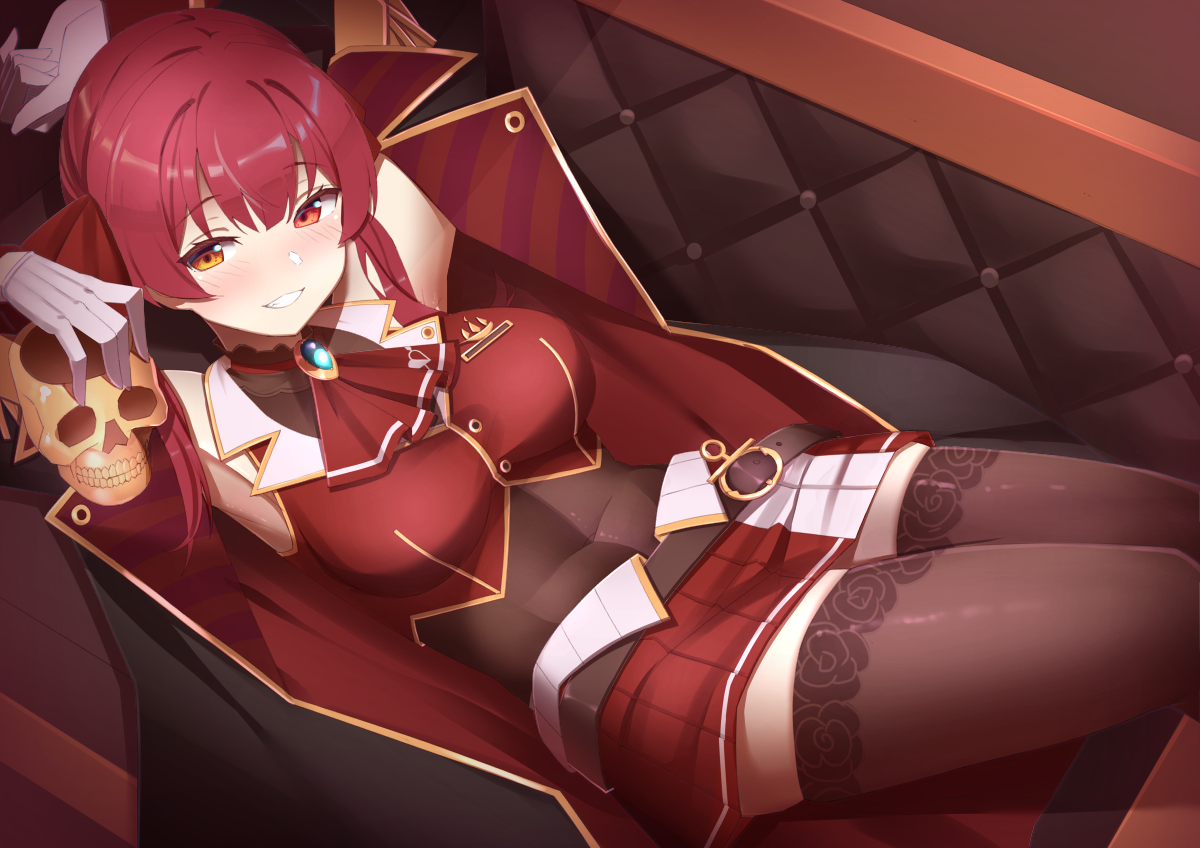 bicolored_eyes, couch, gloves, hololive, houshou_marine, kusubii, red_hair, skirt, thighhighs, twintails