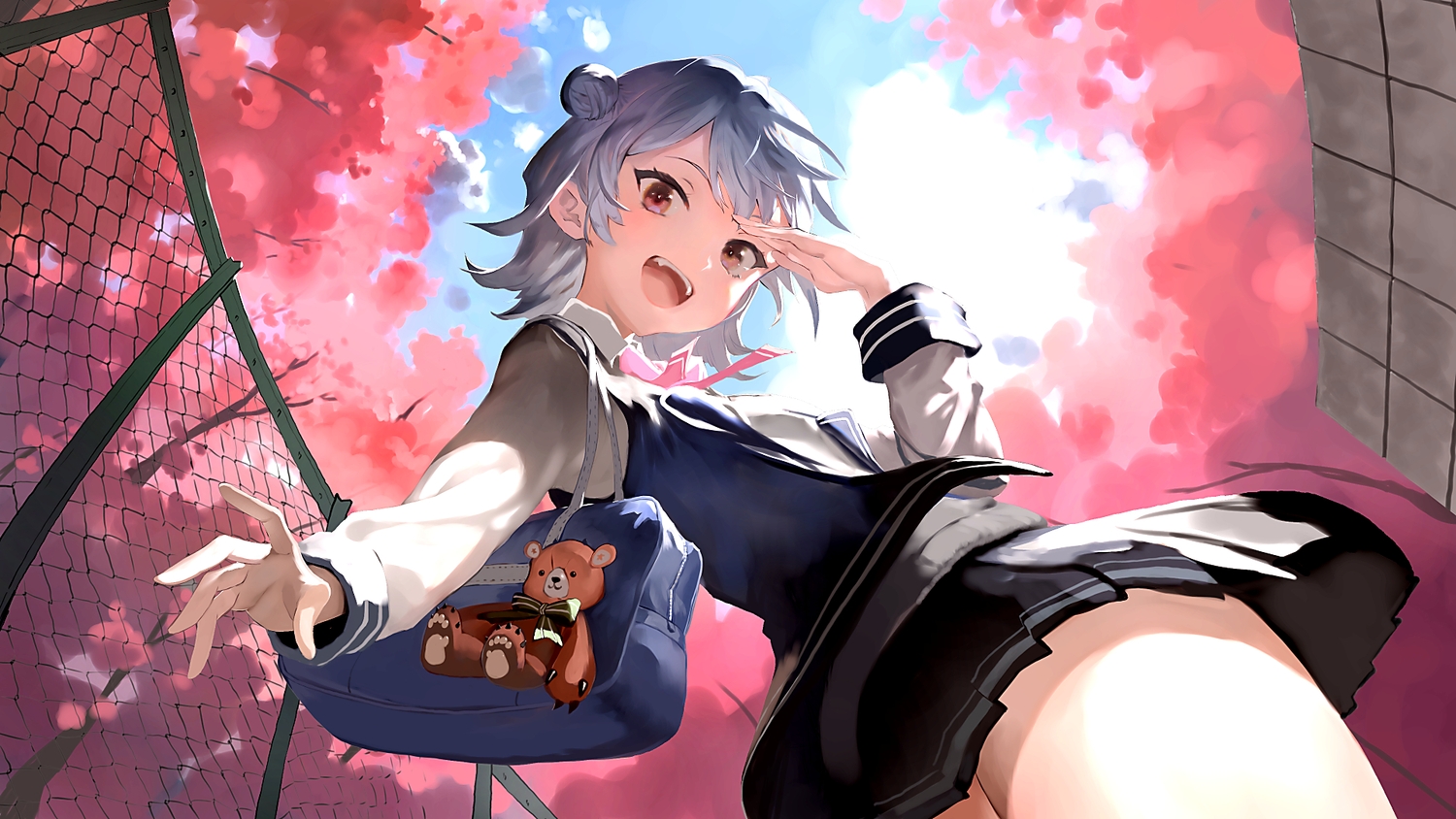 aliasing, bob_(biyonbiyon), bow, brown_eyes, cevio, gray_hair, koharu_rikka, school_uniform, short_hair, skirt, sky, synthesizer_v, teddy_bear, tree