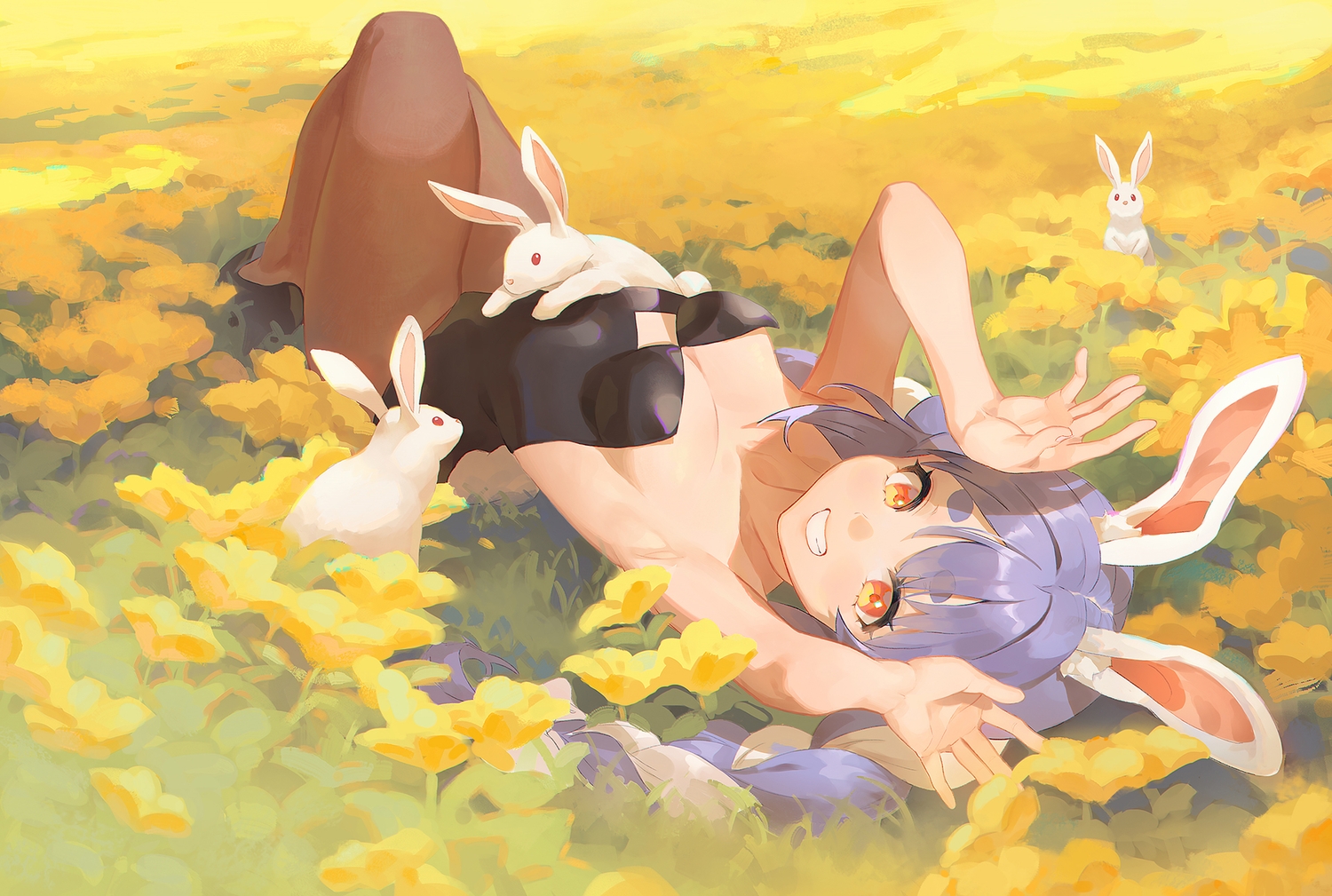 animal, animal_ears, blue_hair, blush, braids, bunny_ears, bunnygirl, flowers