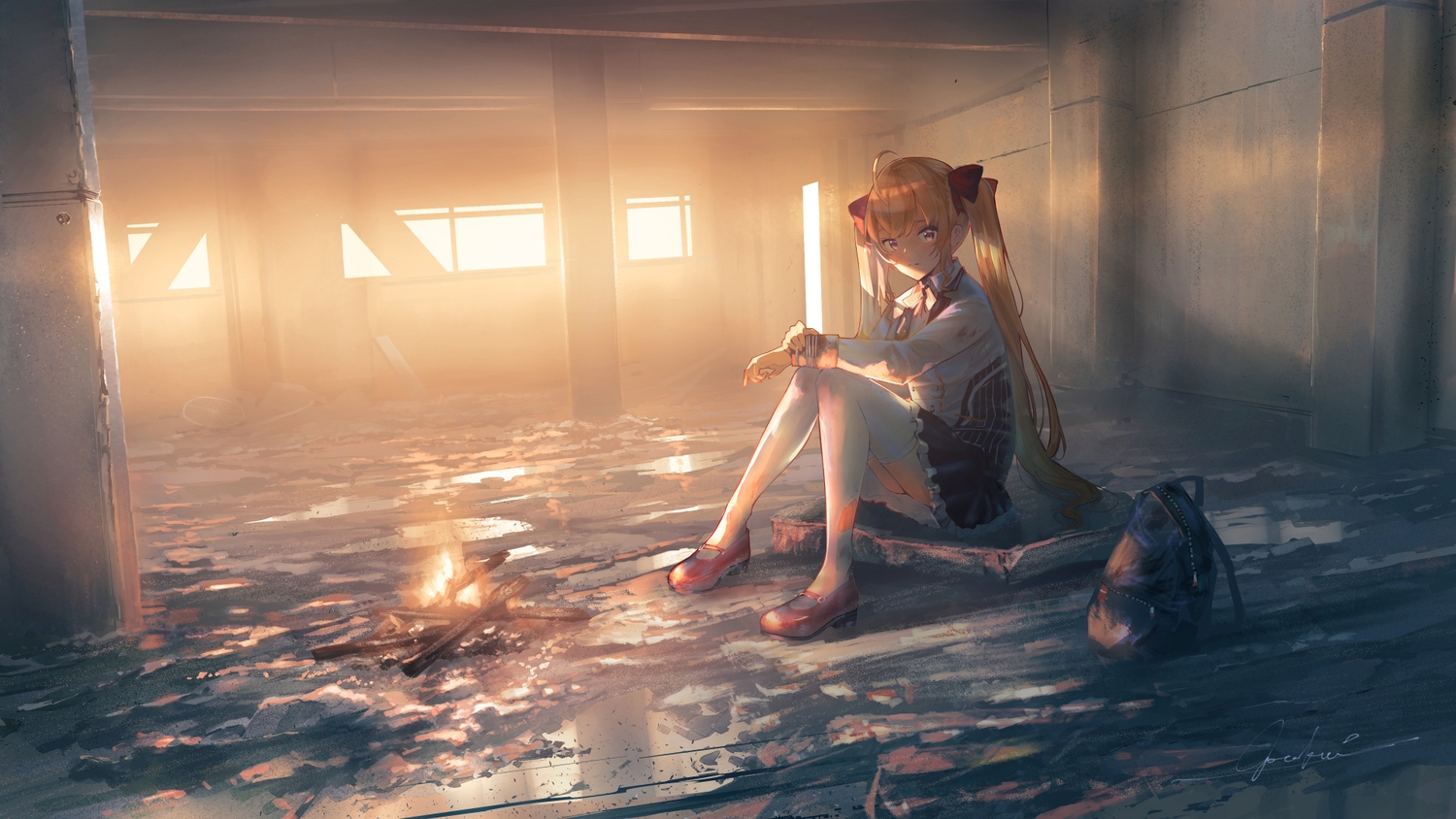 aliasing, blonde_hair, fire, goroku, long_hair, nijisanji, ruins, signed