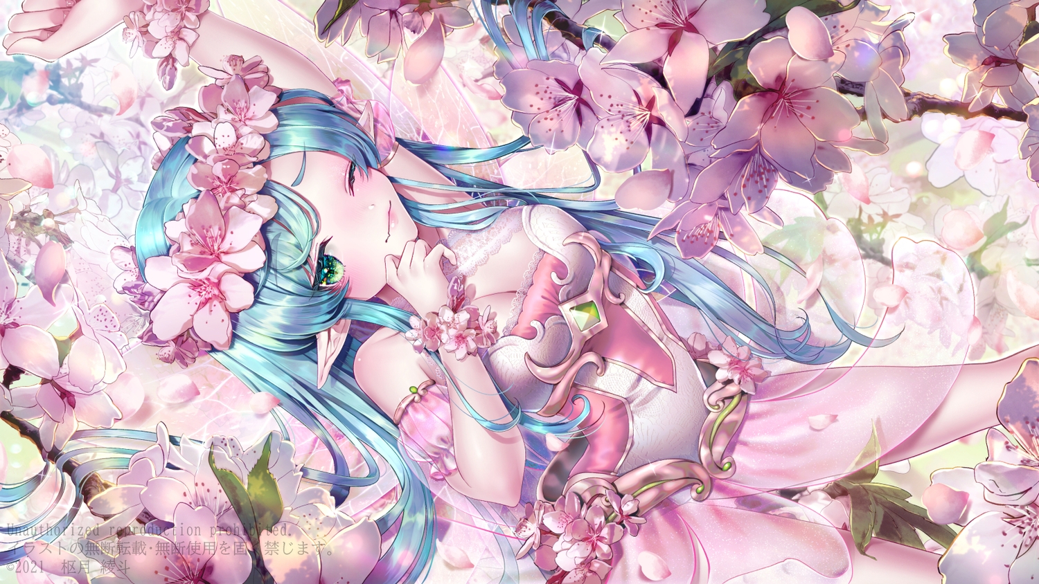 aliasing, aqua_hair, blush, breasts, cherry_blossoms, cleavage, dress, fairy