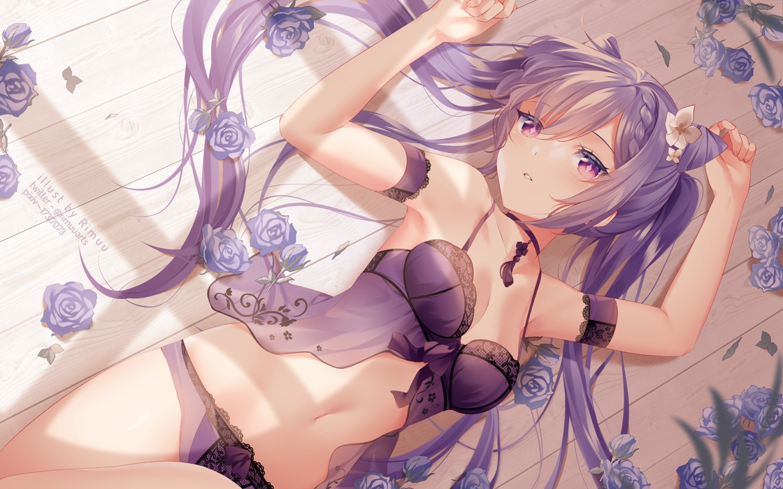 flowers, genshin_impact, keqing_(genshin_impact), long_hair, panties, purple_eyes, purple_hair, rimuu