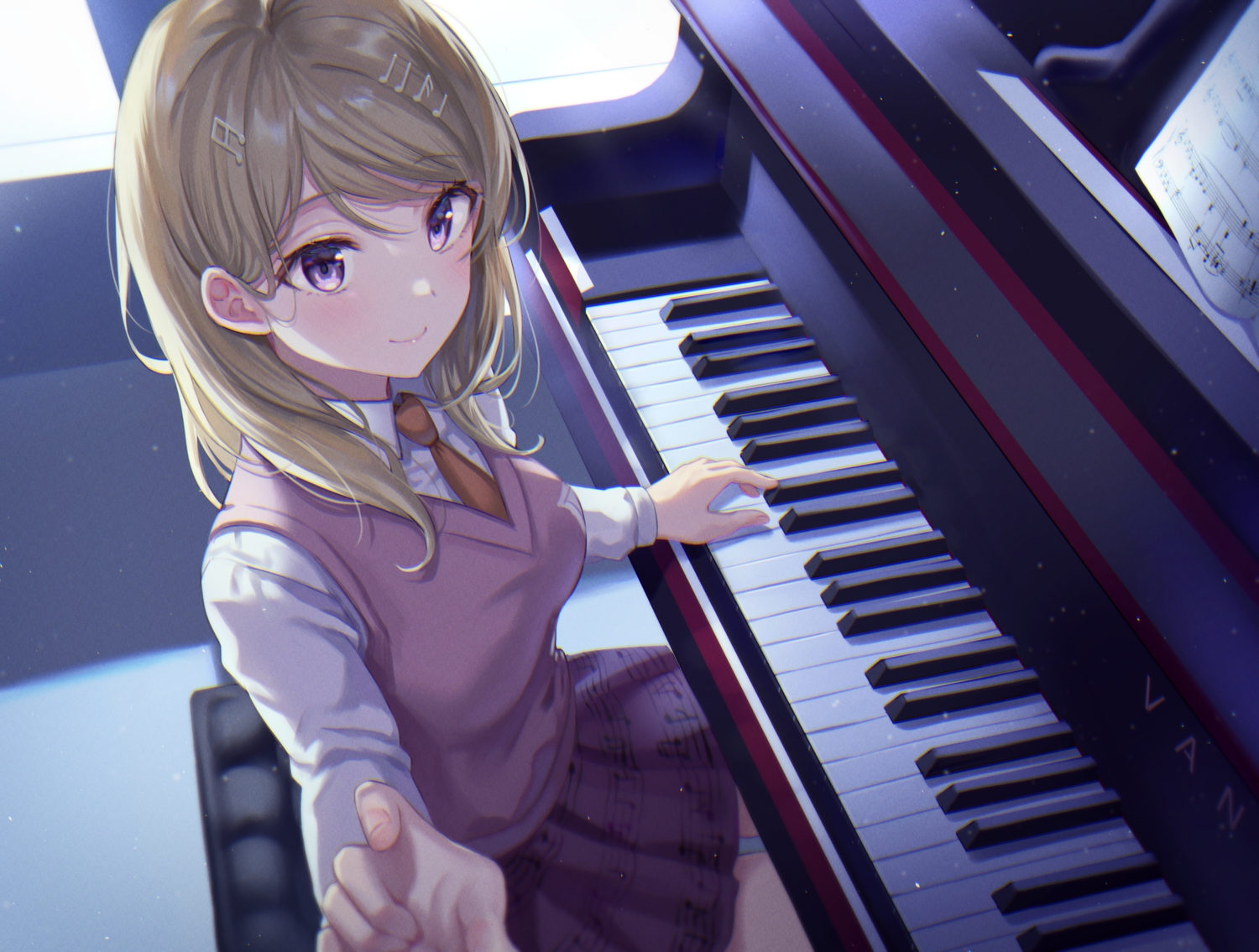 akamatsu_kaede, blonde_hair, blush, dangan-ronpa, instrument, new_dangan-ronpa_v3, paper, piano, purple_eyes, school_uniform, short_hair, skirt, tie, tokkyu