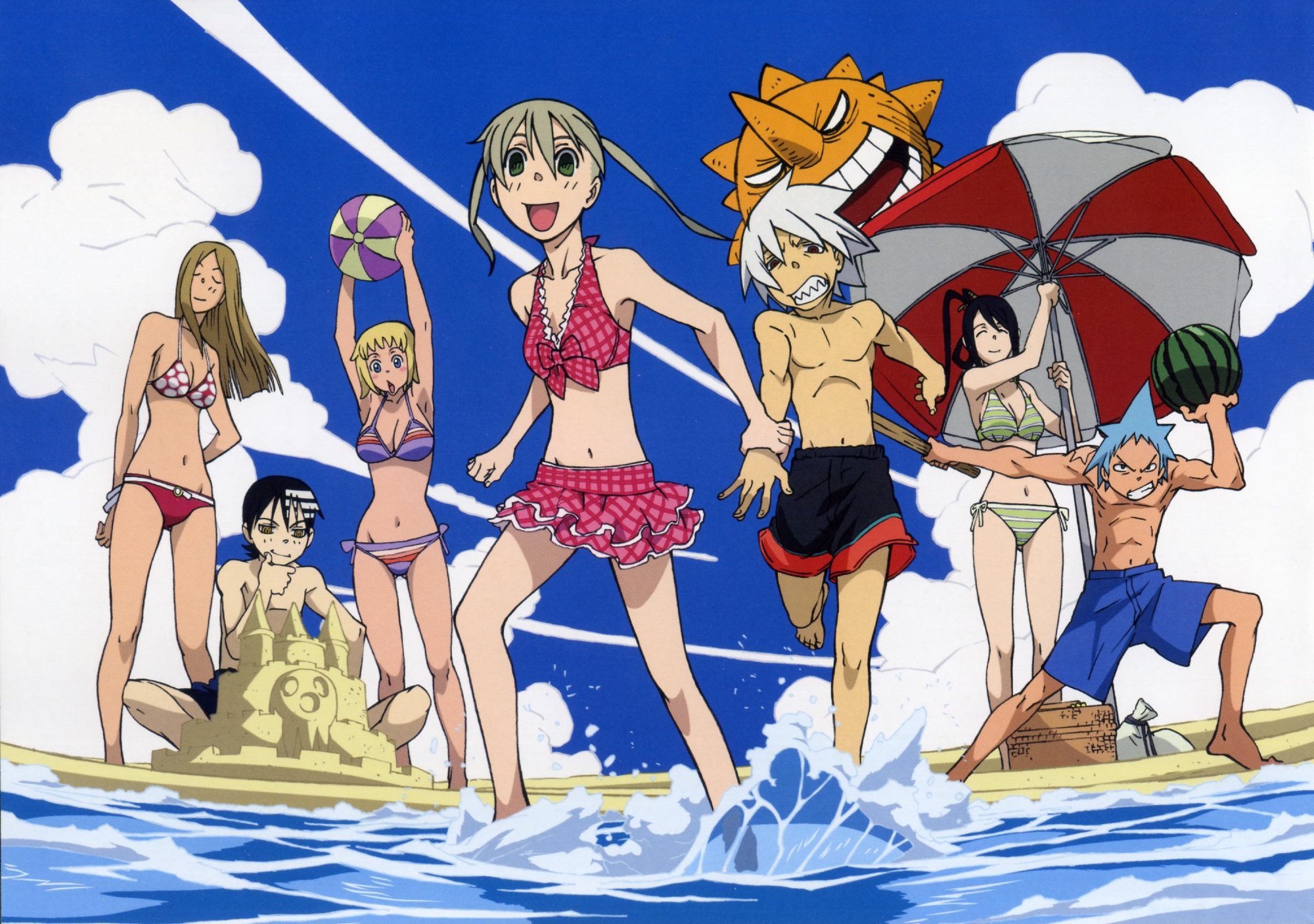beach, bikini, black_star, death_the_kid, elizabeth_thompson, maka_albarn, nakatsukasa_tsubaki, patricia_thompson