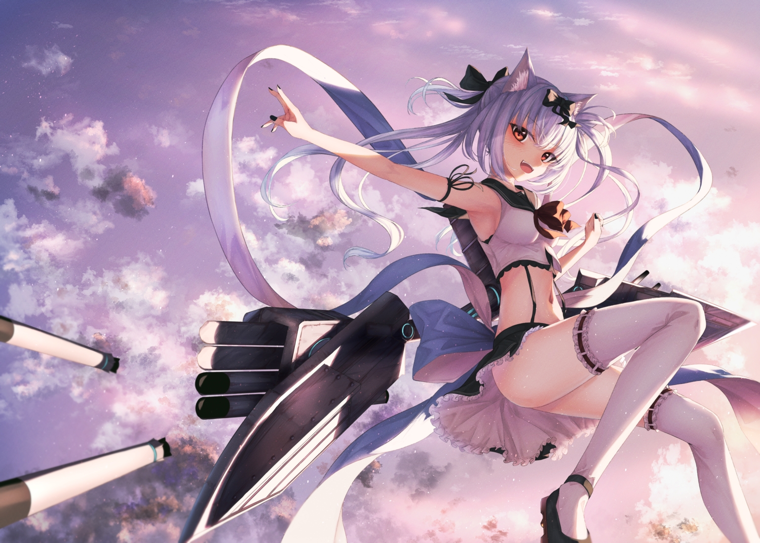 amane_utata, animal_ears, anthropomorphism, azur_lane, clouds, doggirl, long_hair, mechagirl