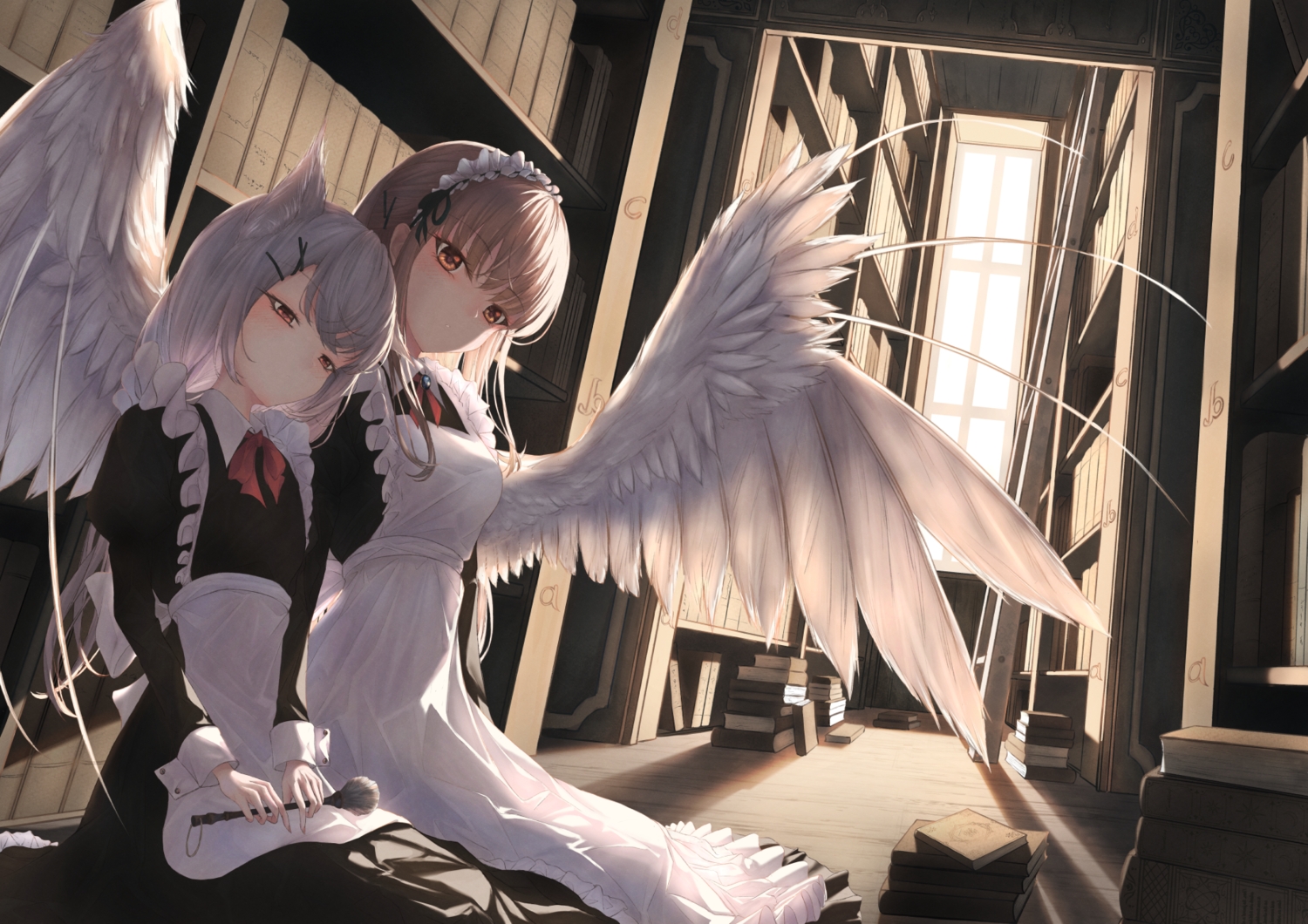 2girls, aliasing, amane_utata, animal_ears, blush, book, brown_eyes, brown_hair