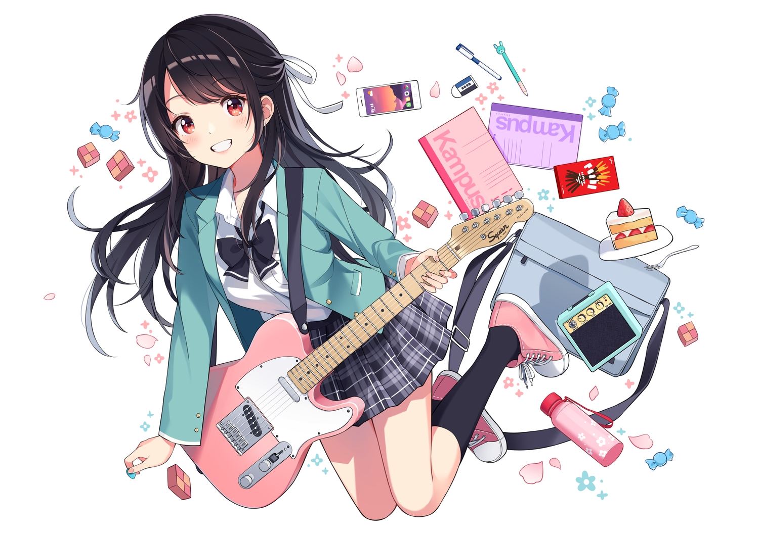 black_hair, blush, cake, candy, food, fruit, guitar, instrument