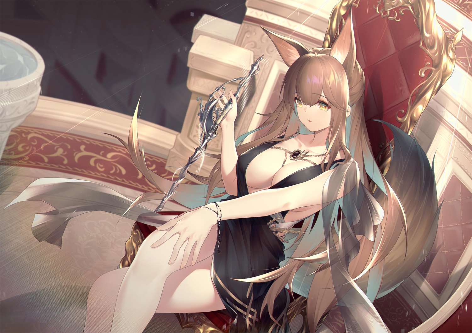 animal_ears, arknights, breasts, brown_hair, cleavage, dress, foxgirl, franka_(arknights)