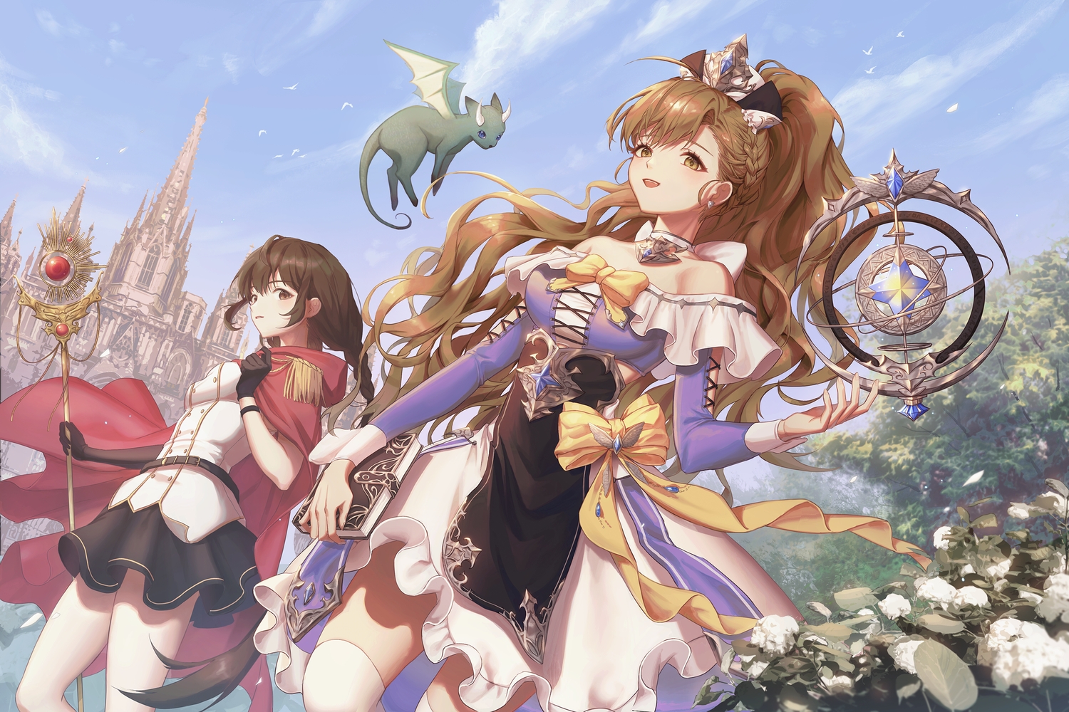 2girls, book, bow, braids, brown_hair, building, clouds, dress, elbow_gloves, gloves, hyun9164, long_hair, original, skirt, sky, staff, thighhighs, twintails