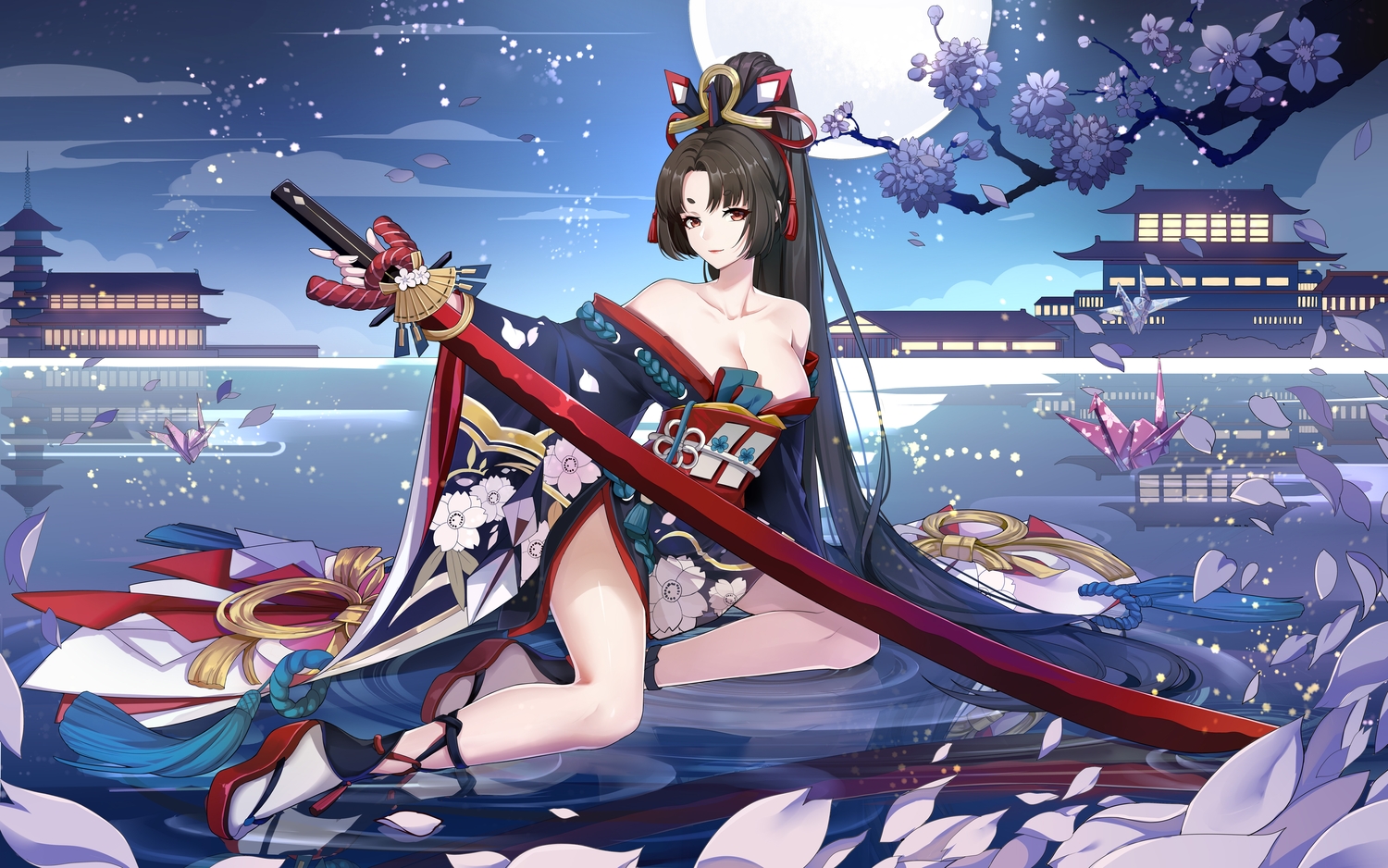 black_hair, brown_eyes, building, clouds, japanese_clothes, k12io, katana, long_hair, moon, night, onmyouji, petals, sky, sword, water, weapon, youtouhime_(omnyouji)