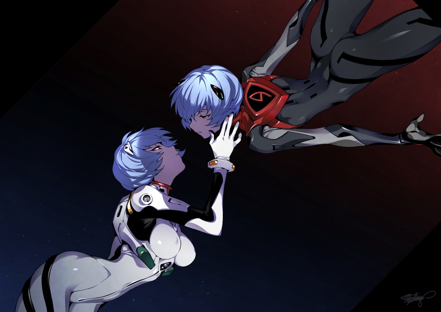 2girls, aqua_hair, ass, ayanami_rei, bodysuit, breasts, erect_nipples, fishine