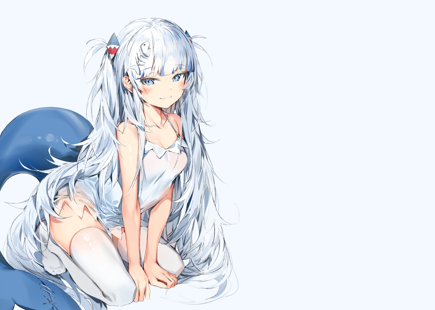 blue, blue_eyes, blush, breasts, cat_smile, cleavage, dress, gawr_gura, gray_hair, hololive, long_hair, silver_(chenwen), sketch, summer_dress, tail, thighhighs