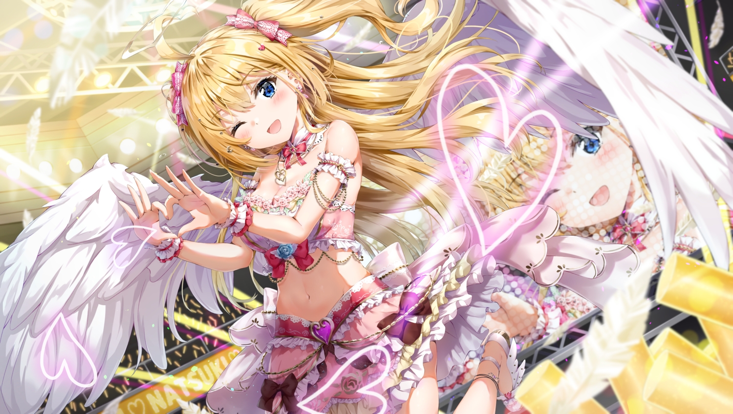 aogiri_koukou, blonde_hair, blue_eyes, blush, breasts, cleavage, halo, heart