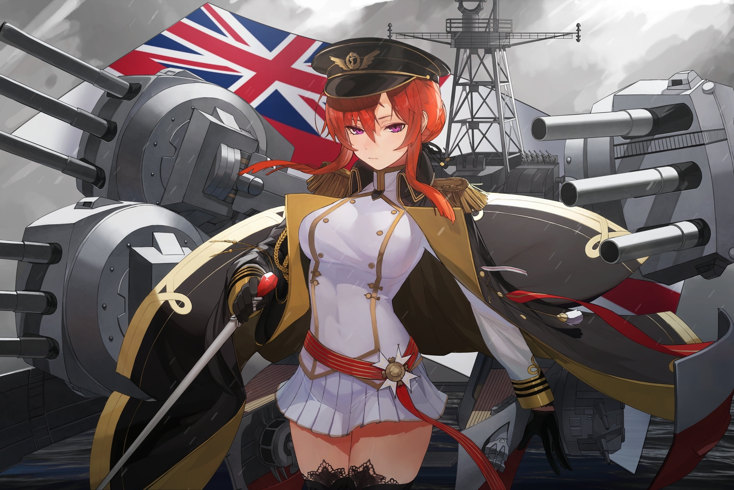 anthropomorphism, aoiro_(t_aoiro123), azur_lane, gloves, hat, mechagirl, monarch_(azur_lane), purple_eyes, red_hair, thighhighs, uniform, water, weapon, zettai_ryouiki