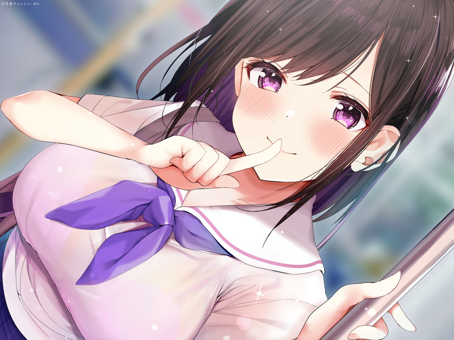 aoharu_x_fetishism, blush, brown_hair, close, long_hair, original, purple_eyes, rouka_(akatyann), school_uniform, short_hair, watermark