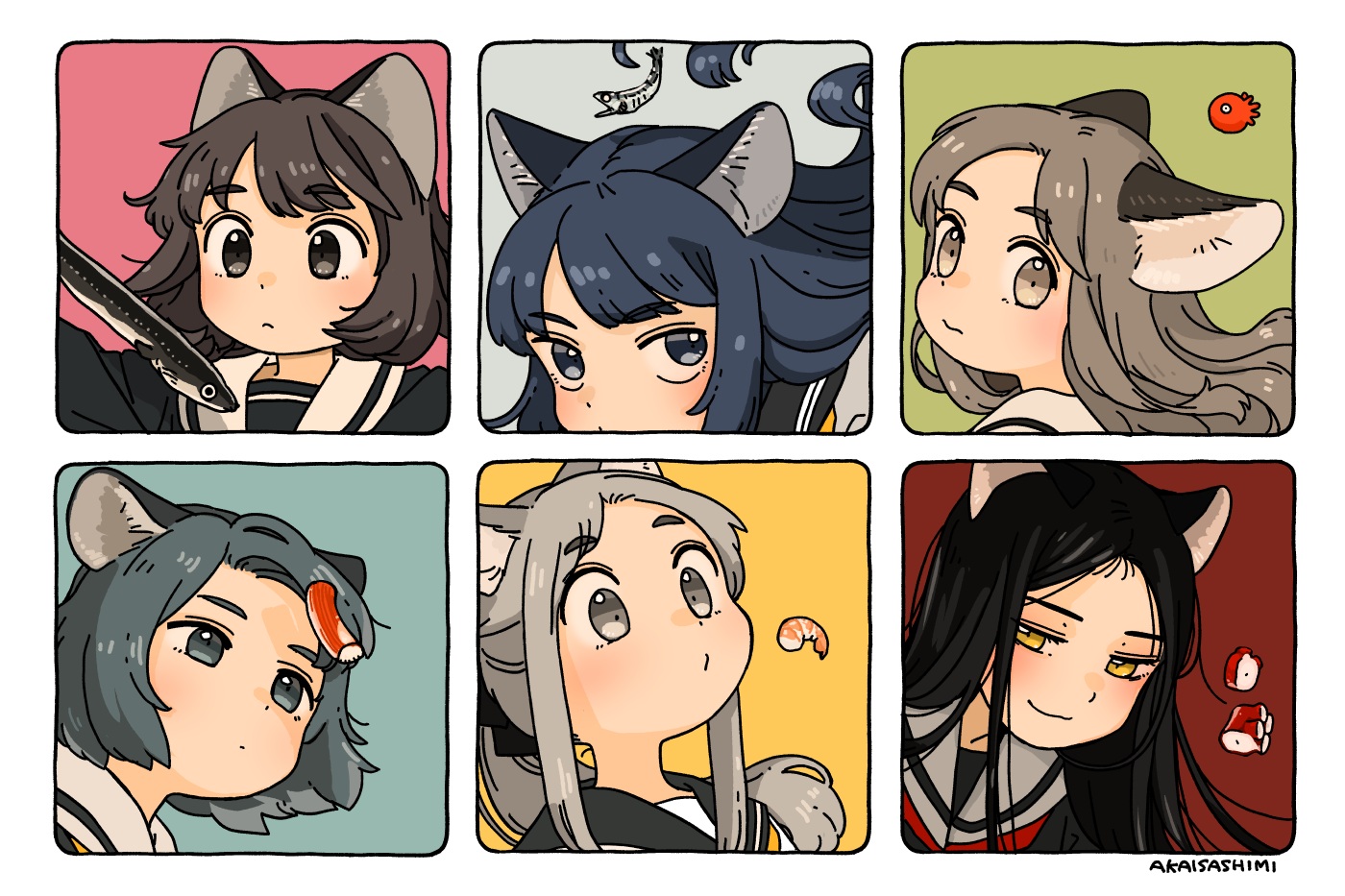 akai_sashimi, animal, animal_ears, black_eyes, black_hair, brown_eyes, brown_hair, catgirl, fish, food, gray_eyes, gray_hair, loli, long_hair, original, ponytail, school_uniform, short_hair, signed, yellow_eyes