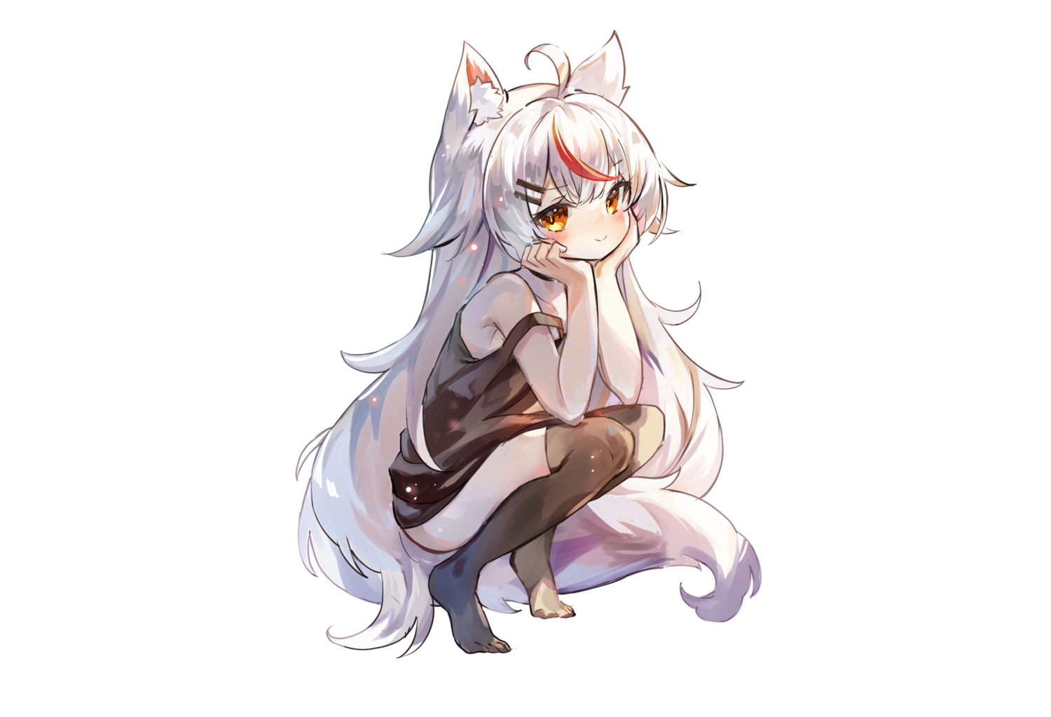 animal_ears, blush, dress, foxgirl, fujii_shino, kamiko_kana, loli, long_hair, orange_eyes, sketch, summer_dress, tail, thighhighs, third-party_edit, white