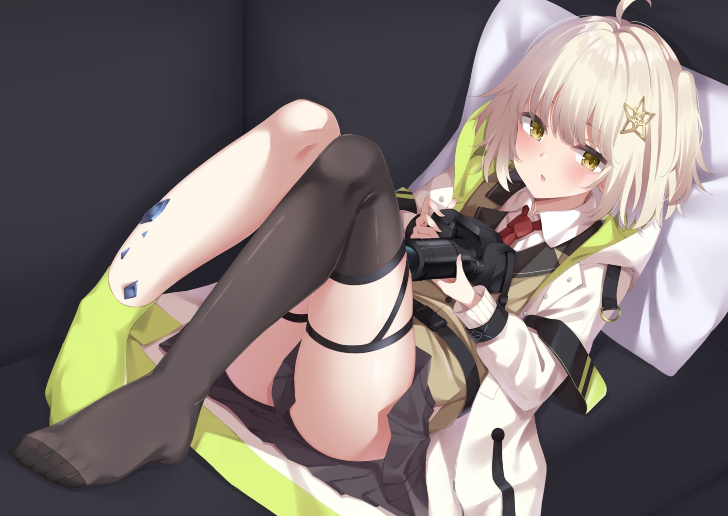 arknights, camera, open_shirt, scene_(arknights), shikapiro, skirt, thighhighs