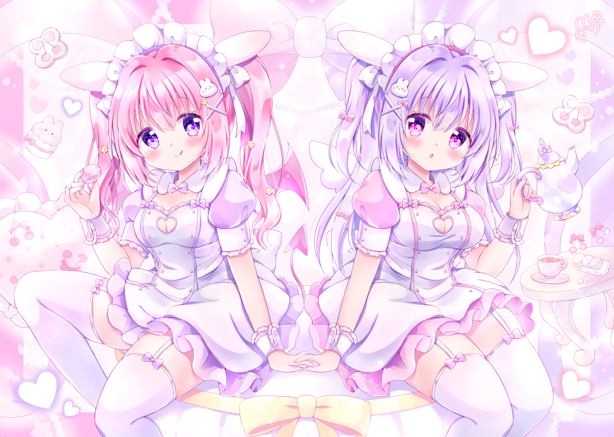 2girls, aliasing, animal_ears, breasts, chiika_(cure_cherish), cleavage, dress, drink, food, garter_belt, headband, lolita_fashion, long_hair, original, pink_hair, purple_eyes, purple_hair, stockings, twintails, zettai_ryouiki