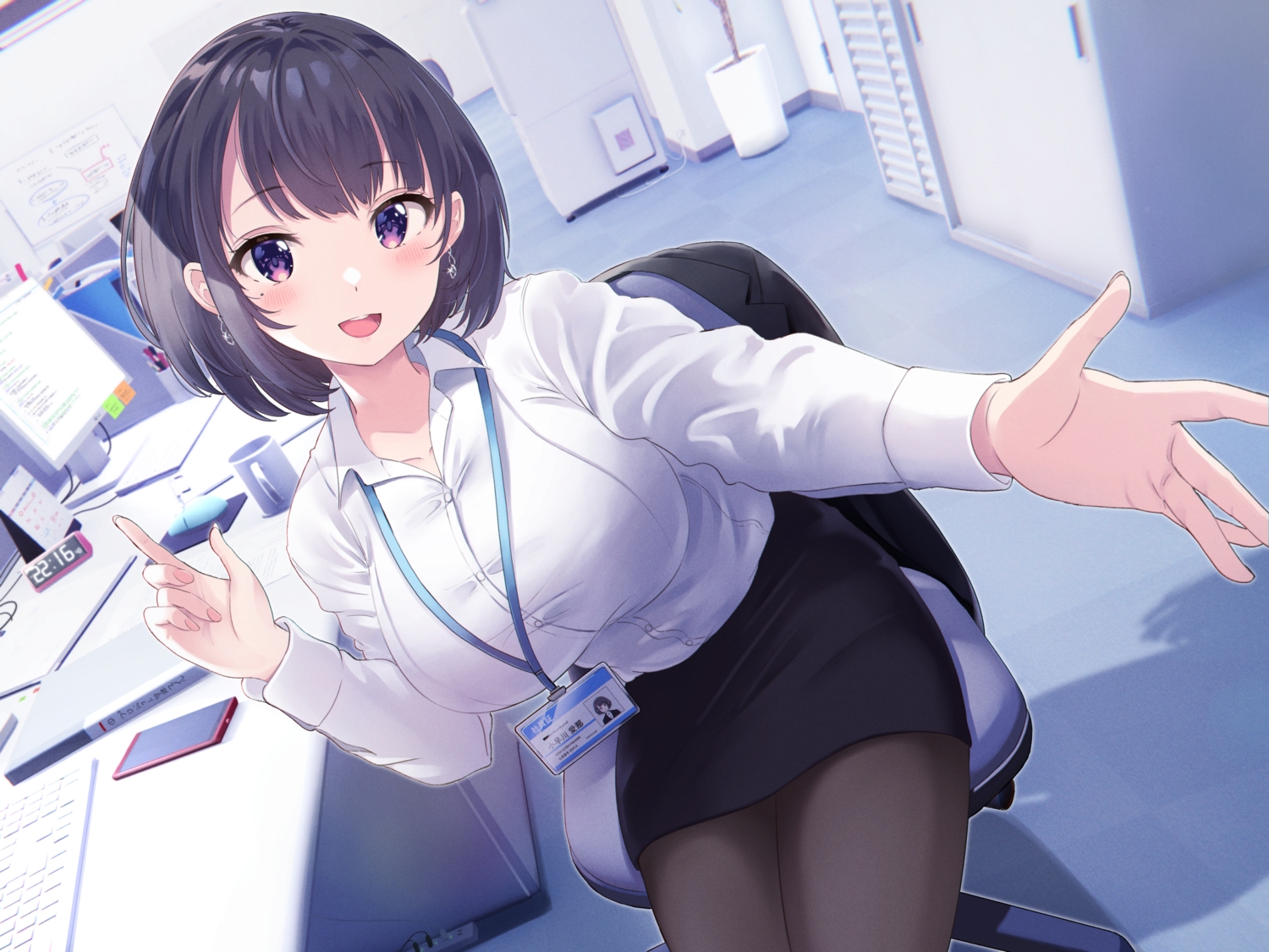 black_hair, blush, computer, original, pantyhose, purple_eyes, shiokazunoko, shirt